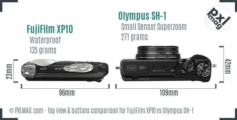 FujiFilm XP10 vs Olympus SH-1 top view buttons comparison