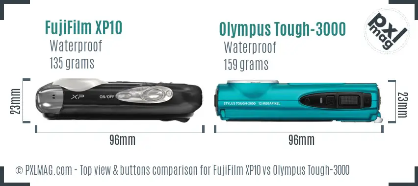 FujiFilm XP10 vs Olympus Tough-3000 top view buttons comparison