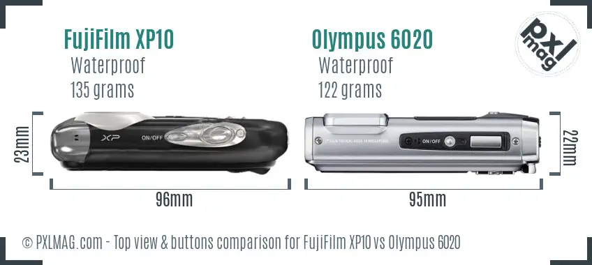 FujiFilm XP10 vs Olympus 6020 top view buttons comparison FujiFilm XP10 vs Olympus 6020 top view buttons comparison