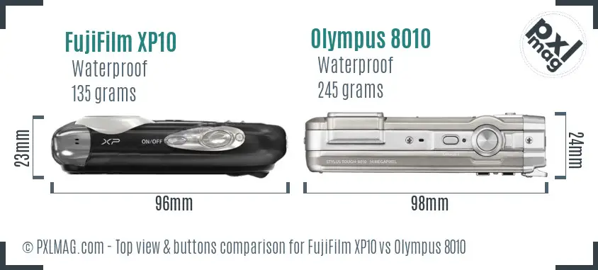 FujiFilm XP10 vs Olympus 8010 top view buttons comparison FujiFilm XP10 vs Olympus 8010 top view buttons comparison