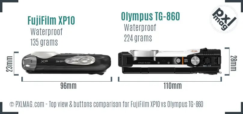 FujiFilm XP10 vs Olympus TG-860 top view buttons comparison FujiFilm XP10 vs Olympus TG-860 top view buttons comparison