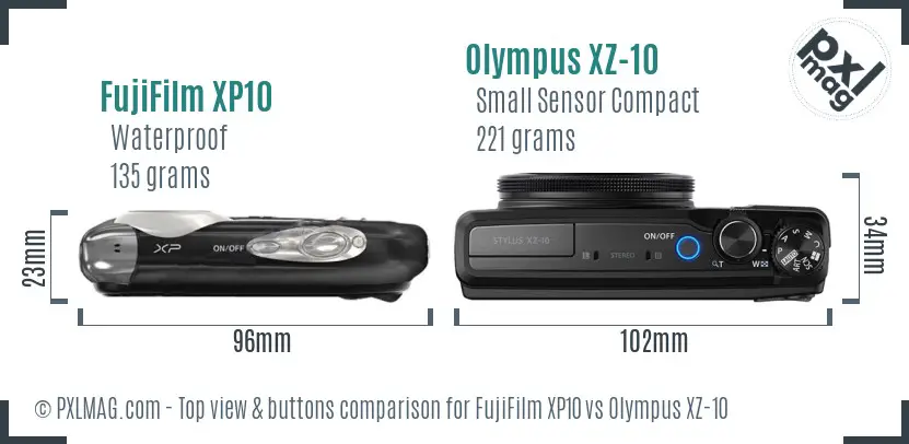 FujiFilm XP10 vs Olympus XZ-10 top view buttons comparison