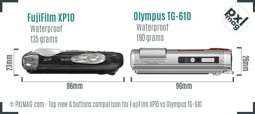 FujiFilm XP10 vs Olympus TG-610 top view buttons comparison