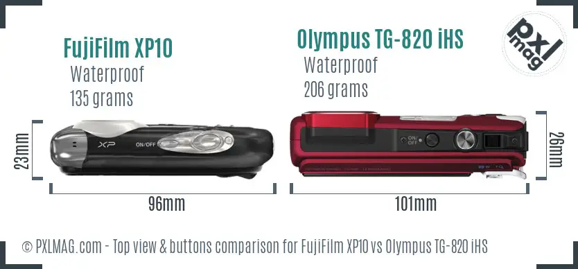 FujiFilm XP10 vs Olympus TG-820 iHS top view buttons comparison FujiFilm XP10 vs Olympus TG-820 iHS top view buttons comparison
