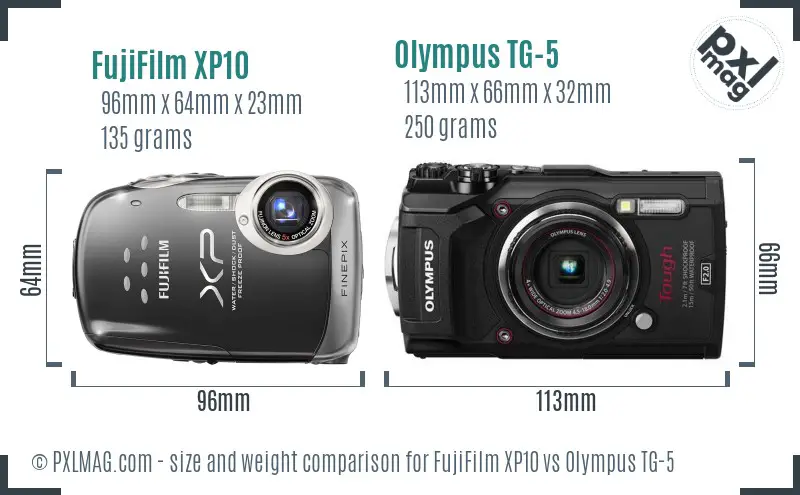FujiFilm XP10 vs Olympus TG-5 size comparison