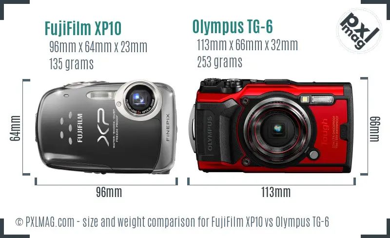 FujiFilm XP10 vs Olympus TG-6 size comparison