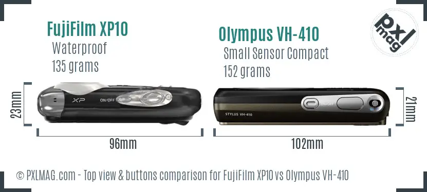 FujiFilm XP10 vs Olympus VH-410 top view buttons comparison FujiFilm XP10 vs Olympus VH-410 top view buttons comparison