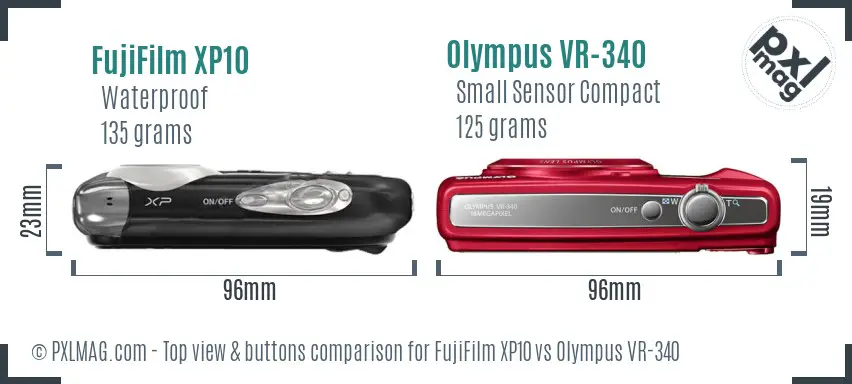 FujiFilm XP10 vs Olympus VR-340 top view buttons comparison FujiFilm XP10 vs Olympus VR-340 top view buttons comparison