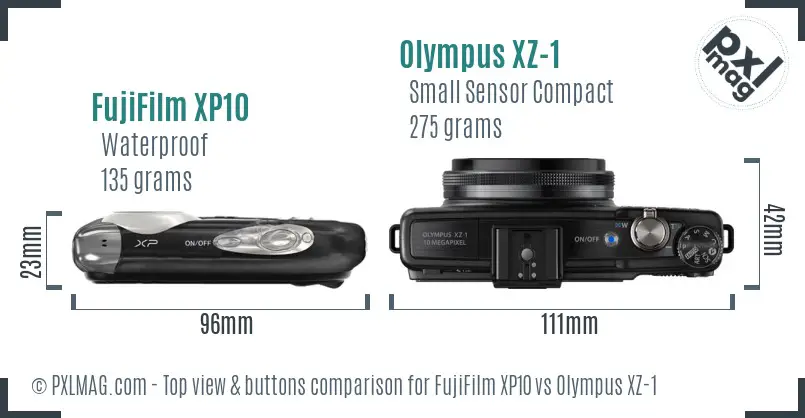 FujiFilm XP10 vs Olympus XZ-1 top view buttons comparison FujiFilm XP10 vs Olympus XZ-1 top view buttons comparison