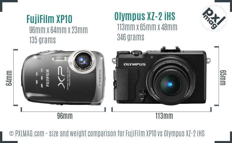 FujiFilm XP10 vs Olympus XZ-2 iHS size comparison