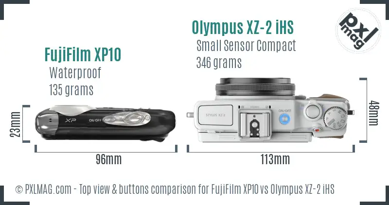 FujiFilm XP10 vs Olympus XZ-2 iHS top view buttons comparison