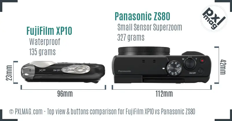 FujiFilm XP10 vs Panasonic ZS80 top view buttons comparison FujiFilm XP10 vs Panasonic ZS80 top view buttons comparison