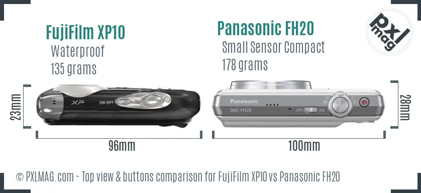 FujiFilm XP10 vs Panasonic FH20 top view buttons comparison FujiFilm XP10 vs Panasonic FH20 top view buttons comparison