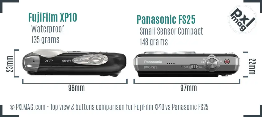 FujiFilm XP10 vs Panasonic FS25 top view buttons comparison FujiFilm XP10 vs Panasonic FS25 top view buttons comparison