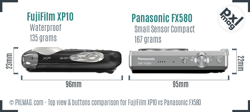 FujiFilm XP10 vs Panasonic FX580 top view buttons comparison