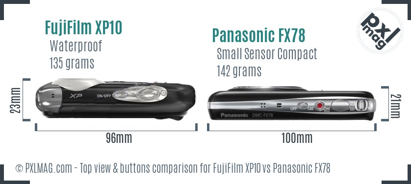 FujiFilm XP10 vs Panasonic FX78 top view buttons comparison