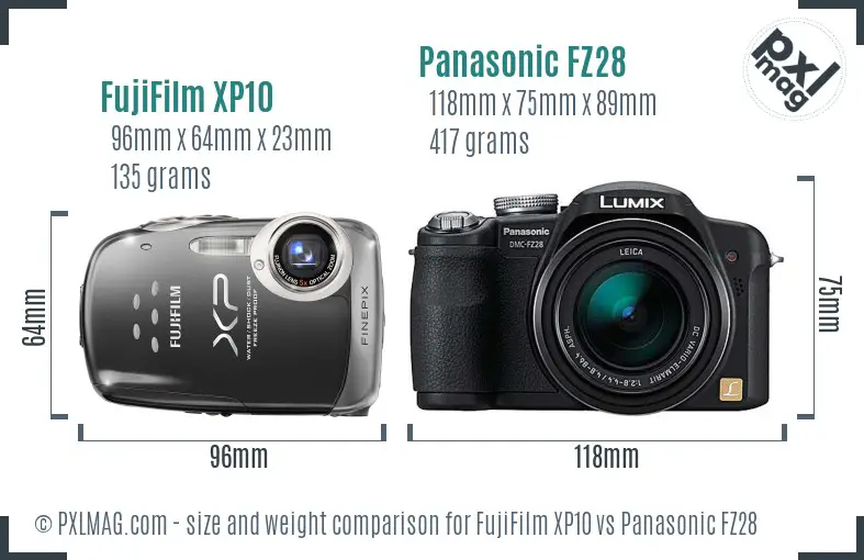 FujiFilm XP10 vs Panasonic FZ28 size comparison
