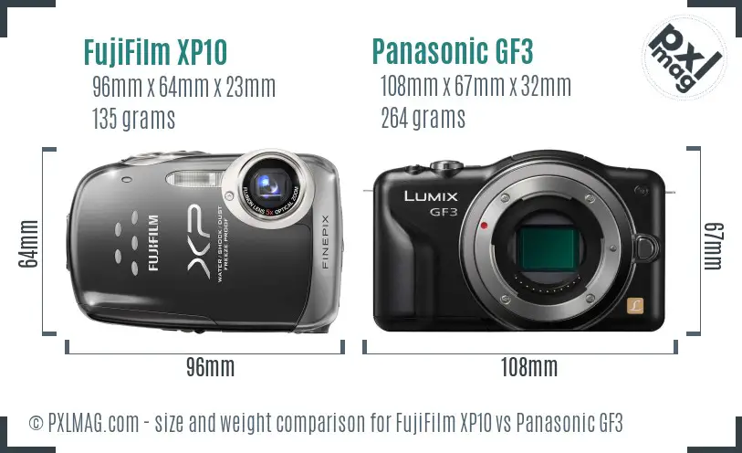 FujiFilm XP10 vs Panasonic GF3 size comparison