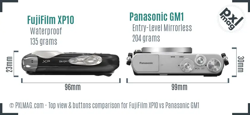FujiFilm XP10 vs Panasonic GM1 top view buttons comparison