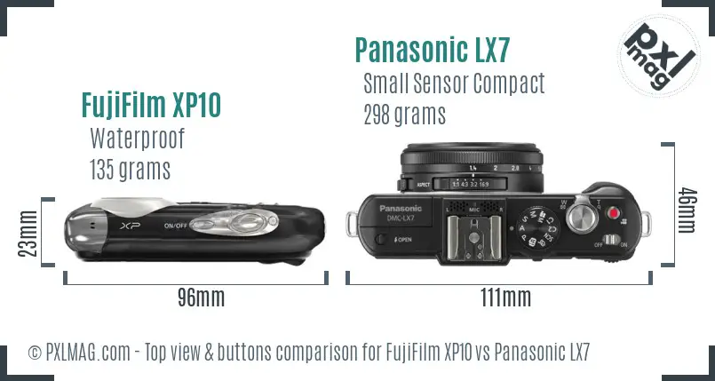 FujiFilm XP10 vs Panasonic LX7 top view buttons comparison FujiFilm XP10 vs Panasonic LX7 top view buttons comparison