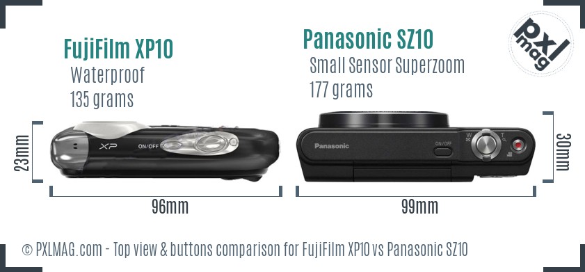FujiFilm XP10 vs Panasonic SZ10 top view buttons comparison