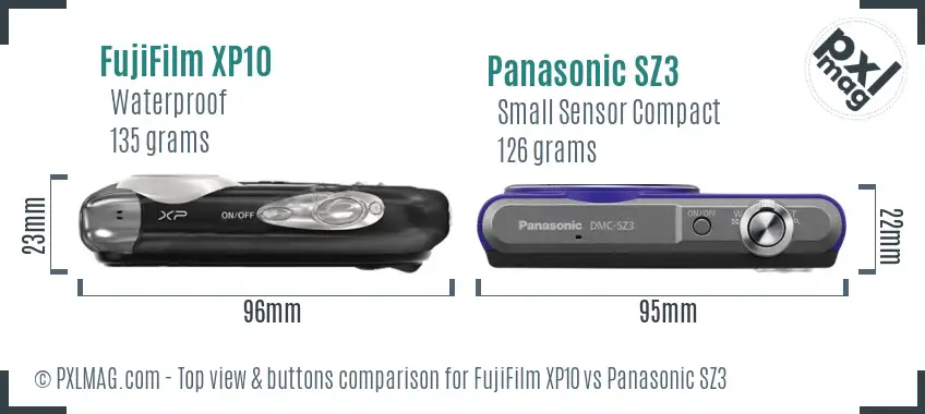 FujiFilm XP10 vs Panasonic SZ3 top view buttons comparison