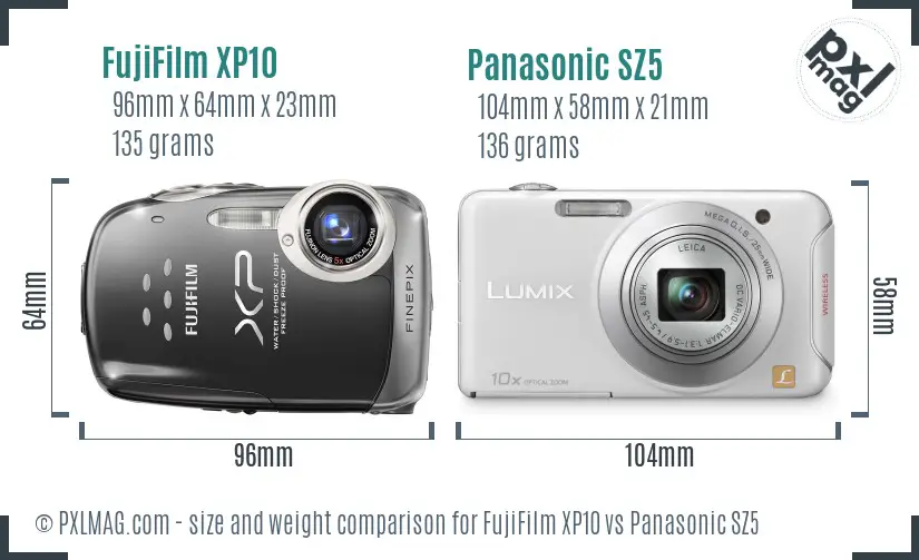 FujiFilm XP10 vs Panasonic SZ5 size comparison