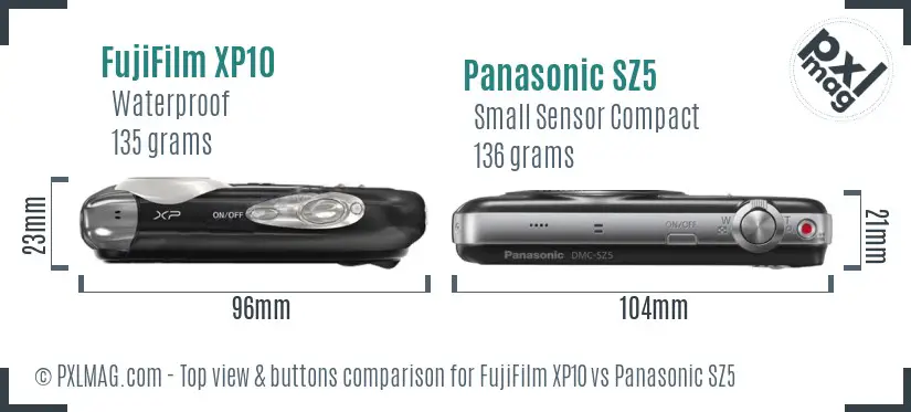 FujiFilm XP10 vs Panasonic SZ5 top view buttons comparison