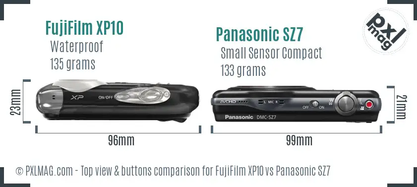 FujiFilm XP10 vs Panasonic SZ7 top view buttons comparison FujiFilm XP10 vs Panasonic SZ7 top view buttons comparison