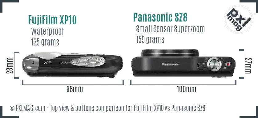 FujiFilm XP10 vs Panasonic SZ8 top view buttons comparison FujiFilm XP10 vs Panasonic SZ8 top view buttons comparison