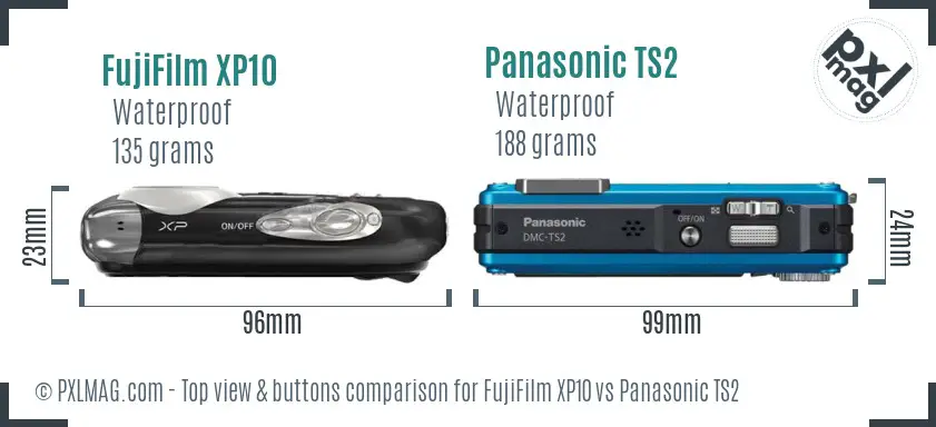 FujiFilm XP10 vs Panasonic TS2 top view buttons comparison FujiFilm XP10 vs Panasonic TS2 top view buttons comparison