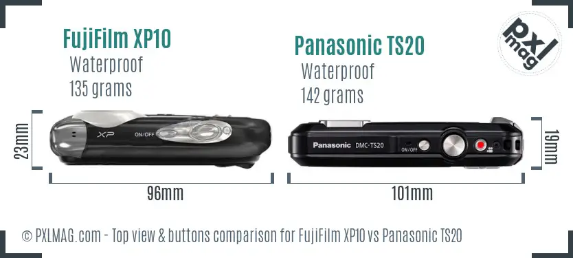 FujiFilm XP10 vs Panasonic TS20 top view buttons comparison FujiFilm XP10 vs Panasonic TS20 top view buttons comparison