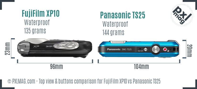 FujiFilm XP10 vs Panasonic TS25 top view buttons comparison
