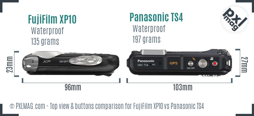 FujiFilm XP10 vs Panasonic TS4 top view buttons comparison
