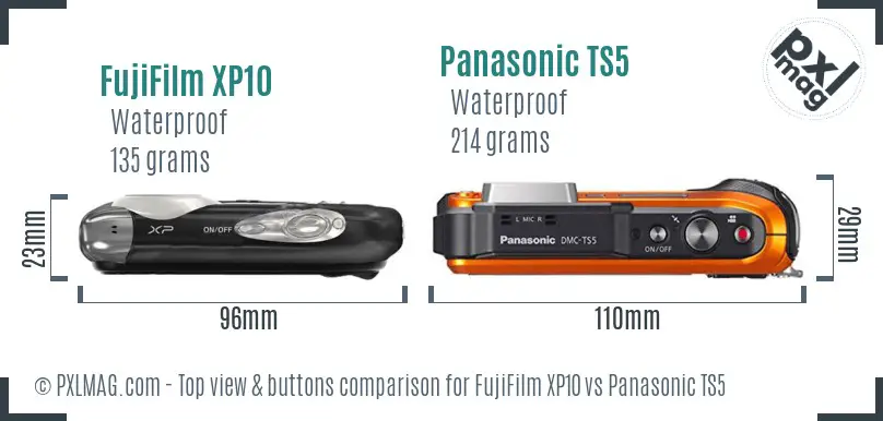 FujiFilm XP10 vs Panasonic TS5 top view buttons comparison
