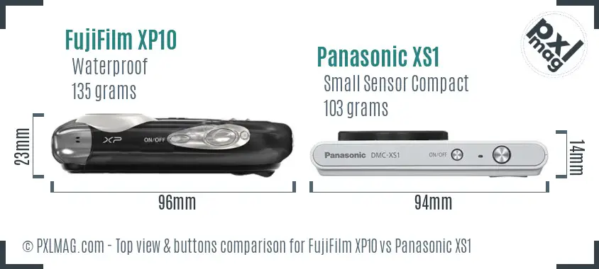 FujiFilm XP10 vs Panasonic XS1 top view buttons comparison
