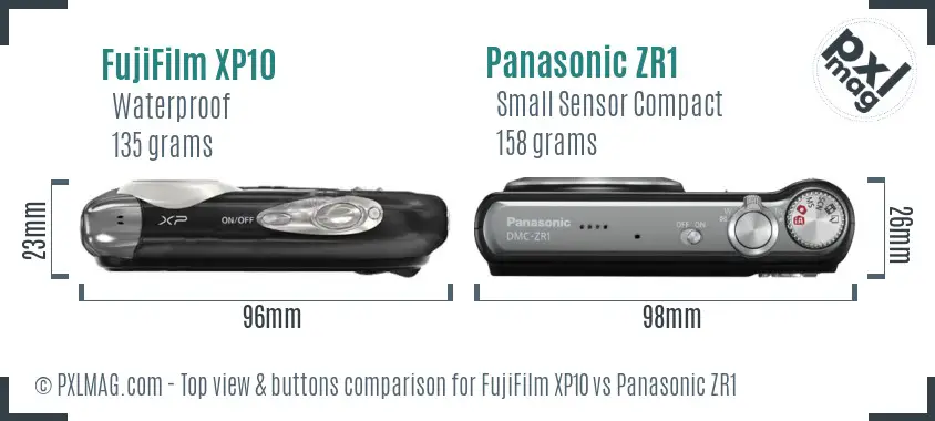 FujiFilm XP10 vs Panasonic ZR1 top view buttons comparison FujiFilm XP10 vs Panasonic ZR1 top view buttons comparison