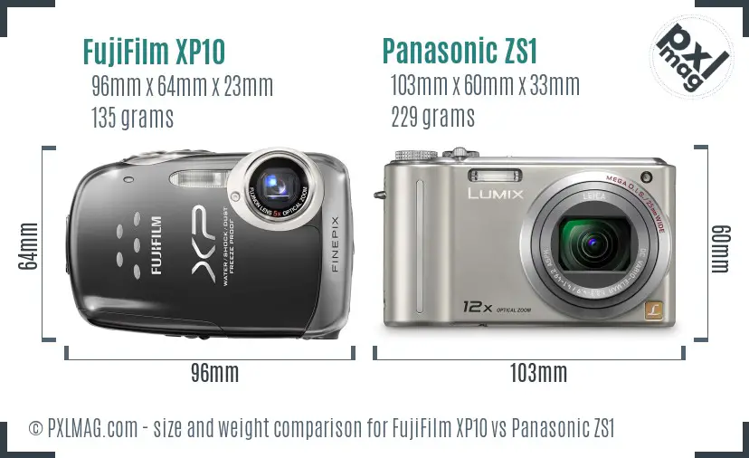 FujiFilm XP10 vs Panasonic ZS1 size comparison