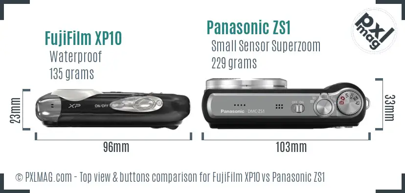 FujiFilm XP10 vs Panasonic ZS1 top view buttons comparison