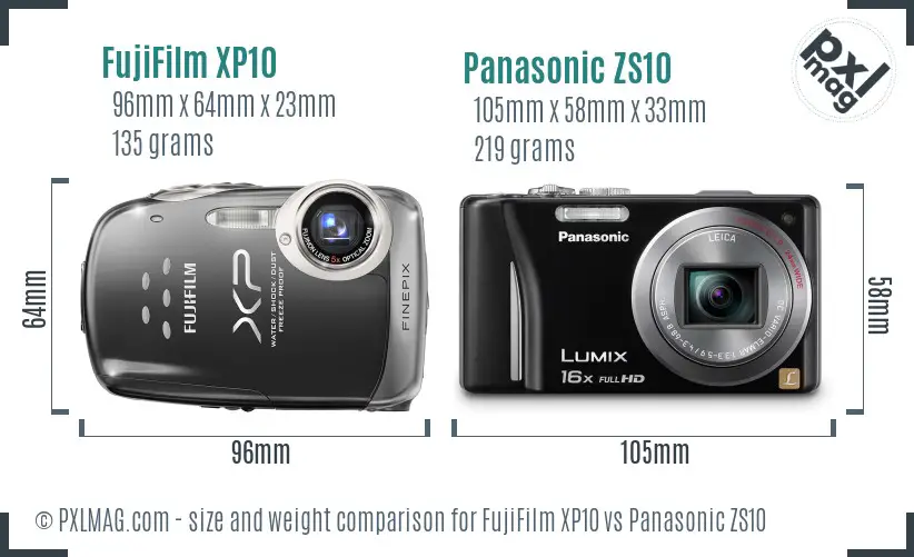 FujiFilm XP10 vs Panasonic ZS10 size comparison