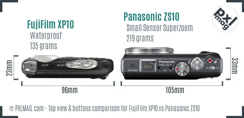 FujiFilm XP10 vs Panasonic ZS10 top view buttons comparison