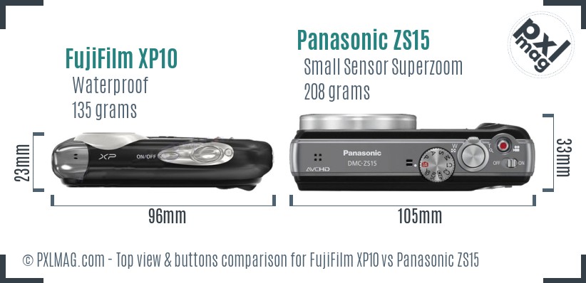 FujiFilm XP10 vs Panasonic ZS15 top view buttons comparison