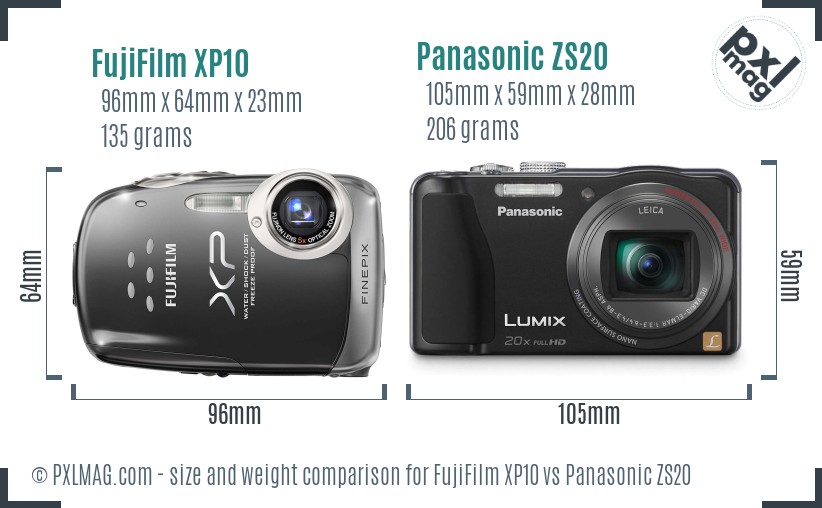 FujiFilm XP10 vs Panasonic ZS20 size comparison