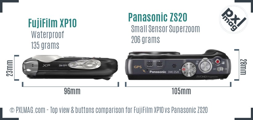 FujiFilm XP10 vs Panasonic ZS20 top view buttons comparison