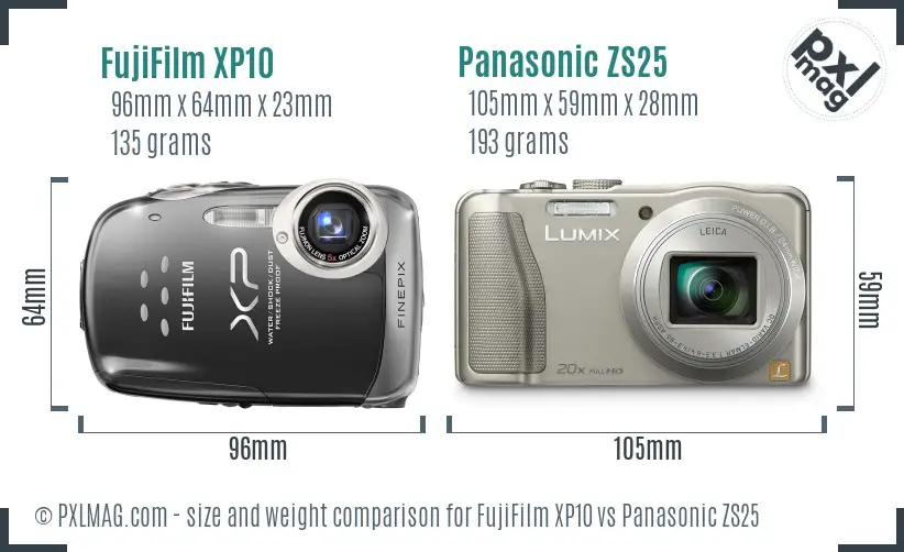 FujiFilm XP10 vs Panasonic ZS25 size comparison