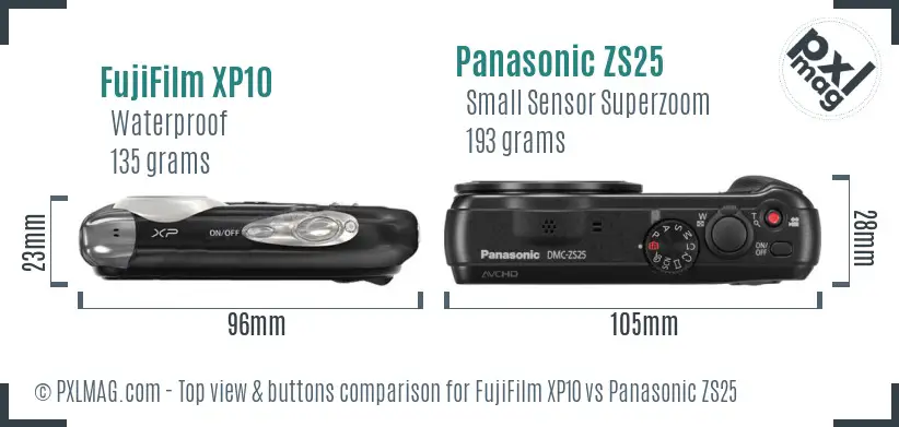 FujiFilm XP10 vs Panasonic ZS25 top view buttons comparison