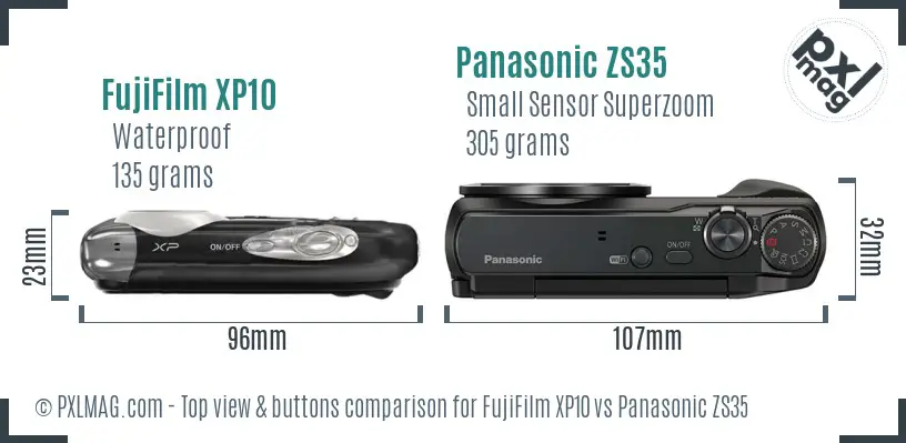 FujiFilm XP10 vs Panasonic ZS35 top view buttons comparison FujiFilm XP10 vs Panasonic ZS35 top view buttons comparison