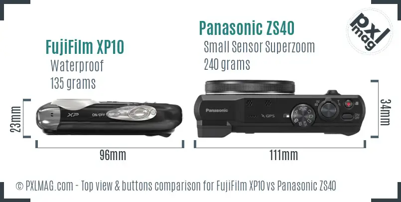 FujiFilm XP10 vs Panasonic ZS40 top view buttons comparison FujiFilm XP10 vs Panasonic ZS40 top view buttons comparison