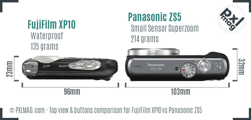 FujiFilm XP10 vs Panasonic ZS5 top view buttons comparison FujiFilm XP10 vs Panasonic ZS5 top view buttons comparison