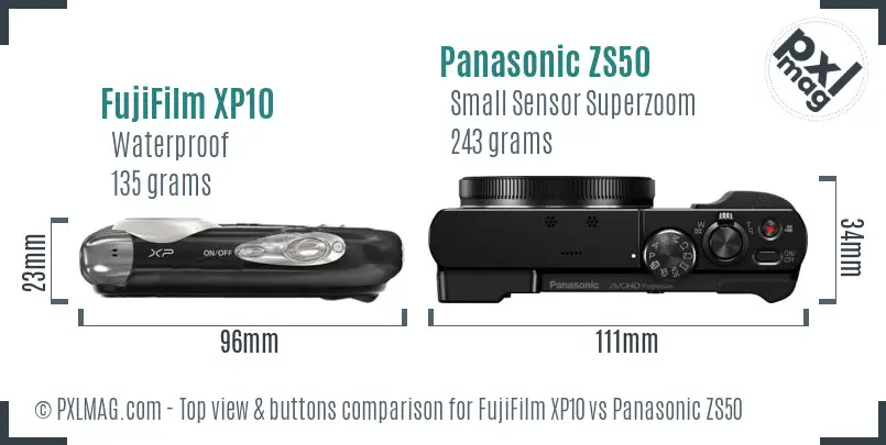 FujiFilm XP10 vs Panasonic ZS50 top view buttons comparison